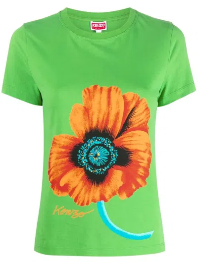 Kenzo Poppy-print Cotton T-shirt In Green