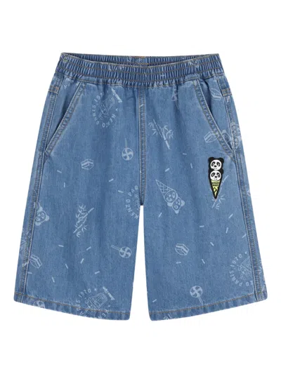 Kenzo Kids' Printed Denim Shorts In Blue