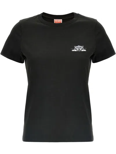 Kenzo Printed Tiger Logo T-shirt In Cotone In Black