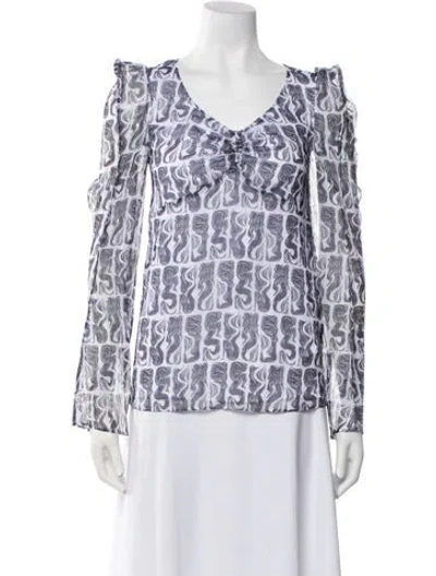 Pre-owned Kenzo Printed V-neck Blouse In Blue