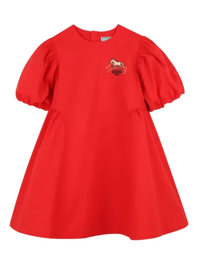 Kenzo Kids' Puff-sleeve Appliqué Dress In Red