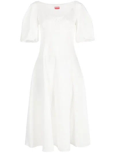 Kenzo White Puff Sleeve Embroidered Midi Dress