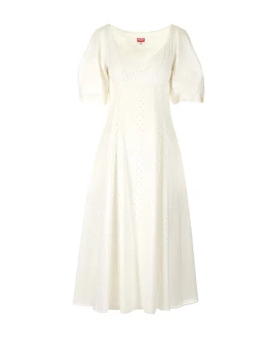 Kenzo Puff-sleeve Embroidered Midi Dress In White