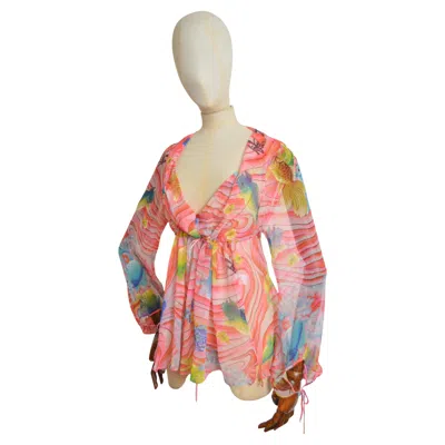 Pre-owned Kenzo Pure Silk Koi Fish Japanese Pink Sheer Beach Loose Kaftan Blouse Top
