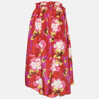 Pre-owned Kenzo Red Floral Print Silk Asymmetric Midi Skirt M