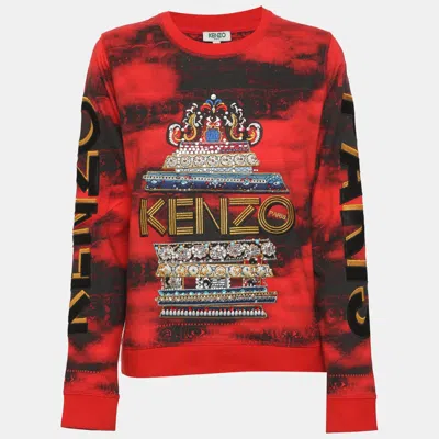Pre-owned Kenzo Red Logo Embroidered And Crystal Embellished Jersey Sweater M