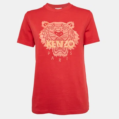 Pre-owned Kenzo Red Logo Embroidered Crew Neck T-shirt M