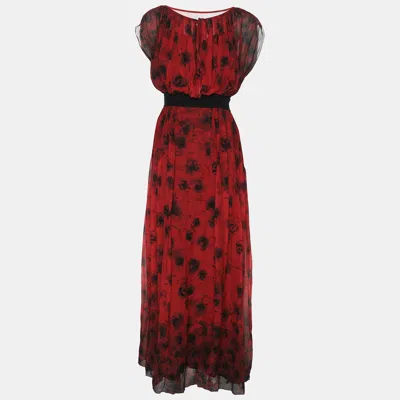 Pre-owned Kenzo Red/black Floral Print Silk Dress L
