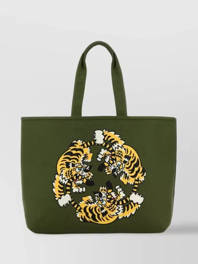 Kenzo Reversible Utility Shopping Bag With Tiger Print In Khaki