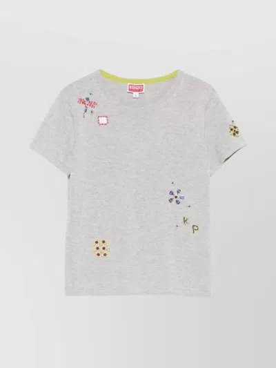Kenzo Ribbed Short Sleeve Embroidered Top In Gray