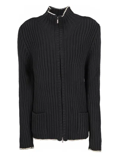 Pre-owned Kenzo Ribbed Zip Cardigan In Black
