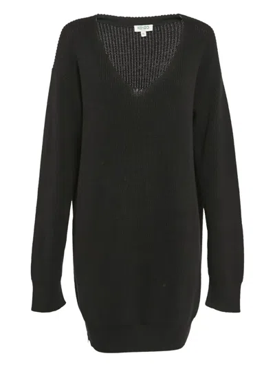 Pre-owned Kenzo Ribbed-knit V-neck Dress In Black