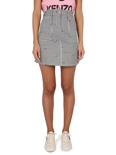 Kenzo Rinse Striped Floral Mini Skirt In Blue