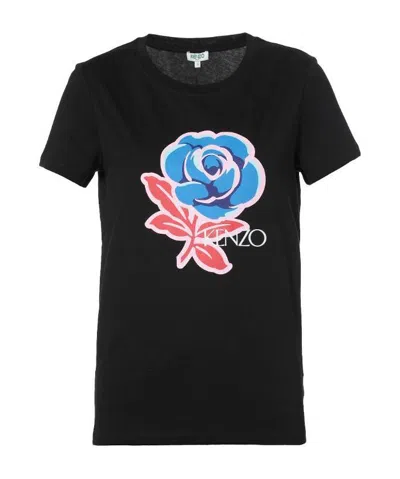 Kenzo Rose Logo Printed T-shirt In Black