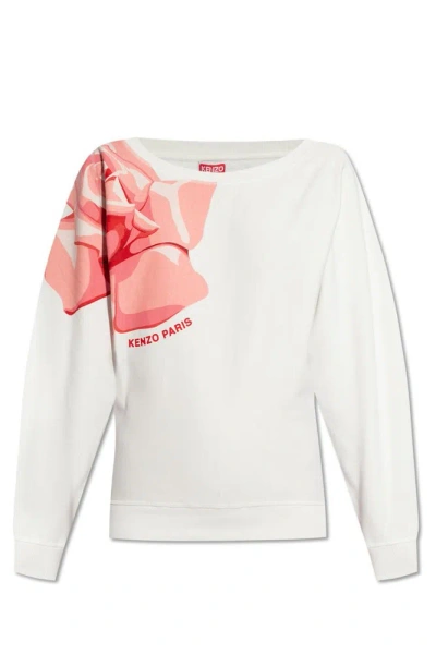 Kenzo Rose Printed Batwing Oversized Sweatshirt In White
