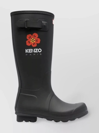 Kenzo Round Toe Below-knee Rubber Lug Sole Boots In Black