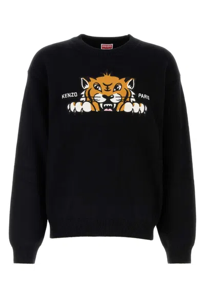 Kenzo Wool Blend Sweater Graphic Print Ribbed Cuffs Hem In Black