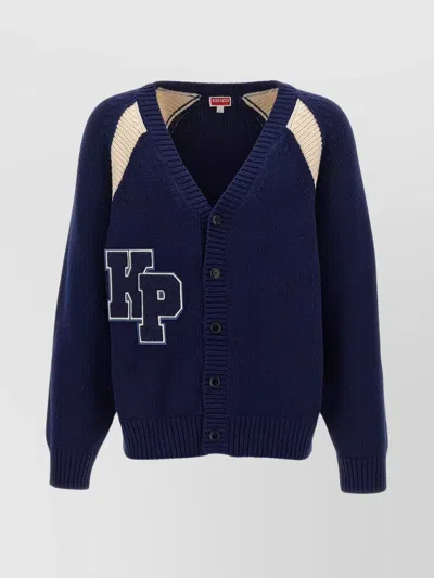 Kenzo Logo-appliqué Wool Cardigan In Blue