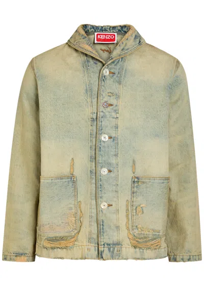 Kenzo Shawl-collar Distressed Denim Jacket In Blue