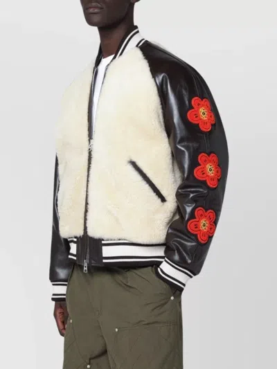 KENZO SHEARLING EFFECT BOMBER JACKET WITH LEATHER SLEEVES