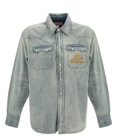 Kenzo Denim Cotton Shirt In Stone Bl Dirty Blue Denim