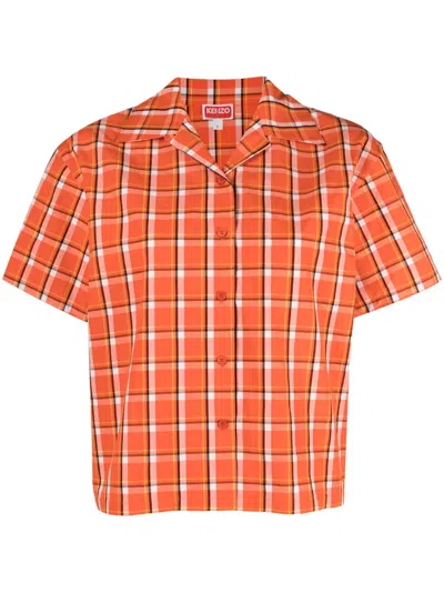 Kenzo Short-sleeve Checkered Buttoned Shirt In Orange