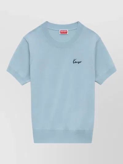 Kenzo Short Sleeve Crew Neck Knit Top In Blue
