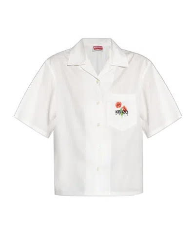 Kenzo Poppy-print Short-sleeve Shirt In White