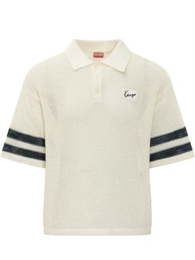 Kenzo Short-sleeve Textured Knit Polo Shirt In Blanc Casse