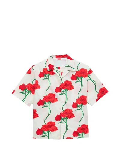 Kenzo Short-sleeved Hawaiian Shirt With Embroidered Logo In White