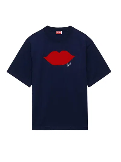 Kenzo Short-sleeved Sweater With Lip Intarsio In Blue