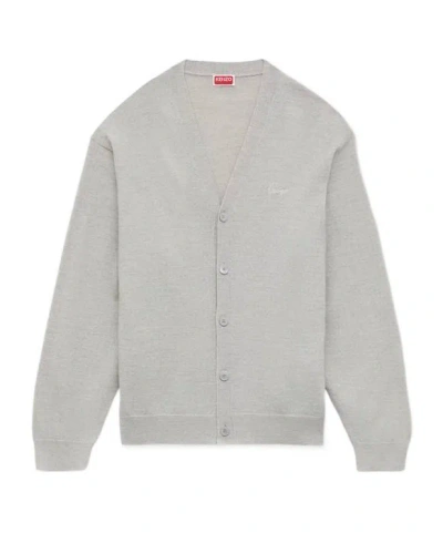 Kenzo ' Signature' Embroidered Cardigan In Merino Wool In Gray
