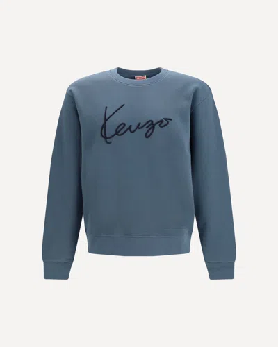 Kenzo Signature Embroidered Cotton Sweatshirt In Blue