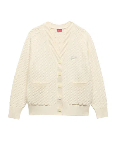 Kenzo ' Signature' Embroidered Loose Knit Cardigan In Cotton Wool In White