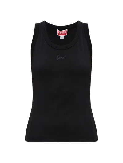 Kenzo Signature Logo-embroidered Ribbed Cotton Top In Black