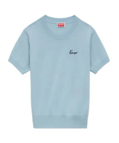Kenzo Logo-embroidered Short-sleeved Sweater In Blue