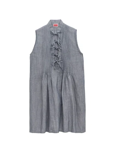 Kenzo Signature-embroidered Pleated Sleeveless Shift Mini Dress In Gray