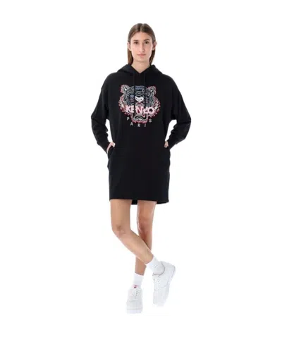 Kenzo Signautre Tiger-motif Hoodie Dress In Black