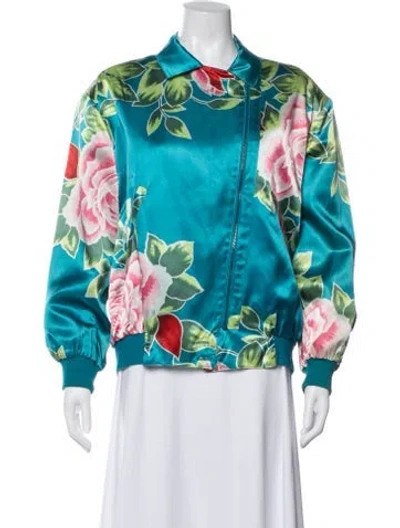Pre-owned Kenzo Silk Floral Print Bomber Jacket In Blue