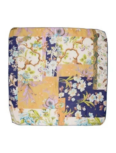 Pre-owned Kenzo Silk Floral Print Scarf In Blue