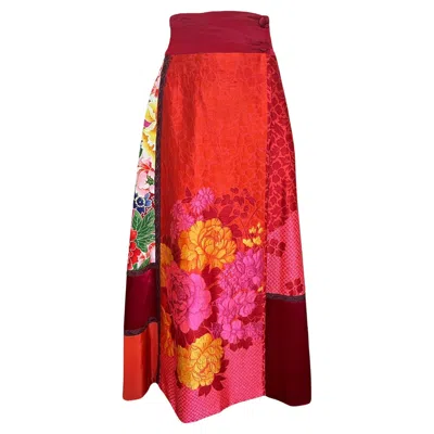 Pre-owned Kenzo Silk Japanese Kimono Inspired Red Floral Patchwork Maxi Skirt, 2000s