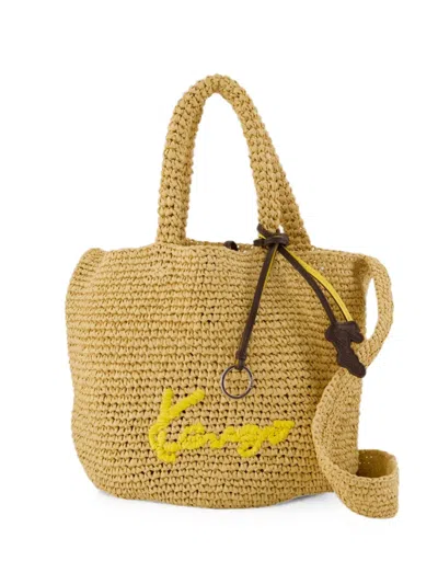 Kenzo Small Logo-embroidered Raffia Bag In Gold