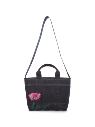 Kenzo Small Tulip Flower-embroidered Logo-print Tote Bag In Black