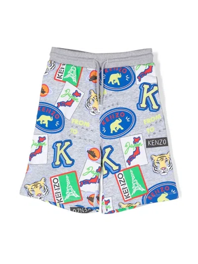 Kenzo Kids' Sticker-print Side-stripe Shorts In Grey