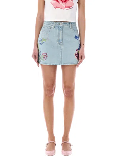 Kenzo Stone Washed Blue Denim Mini Skirt With Multicolored Floral Embroidery In Stone_washed_blue