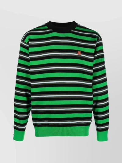 Kenzo Striped Floral Crewneck Sweater In Black