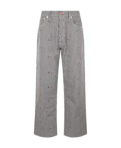 Kenzo Striped Floral-print Straight-leg Jeans In Gray