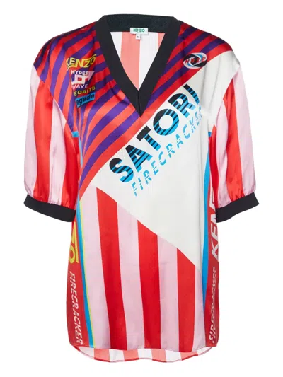 Pre-owned Kenzo Striped-print Silk Top In Red