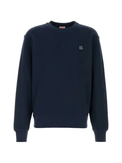 Kenzo Crew Neck Cotton Blend Sweater Long Sleeves In Blue
