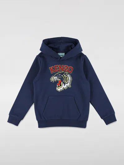 Kenzo Embroidered Cotton Hooded Sweatshirt In Blau